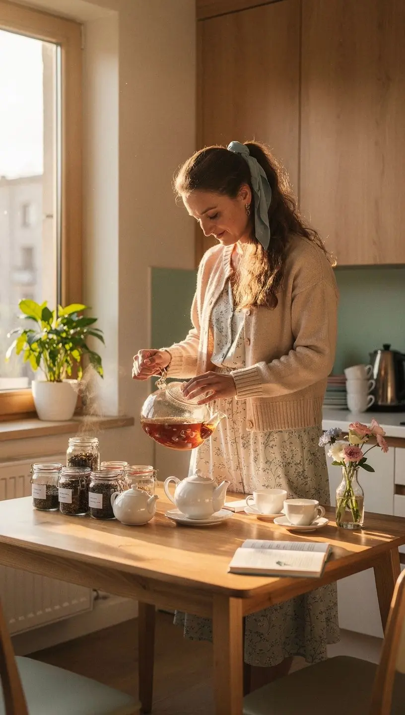Asmuo atsipalaiduoja prie stalo, mėgaudamasis arbata ir žiūrėdamas į knygą, simbolizuojantis sąmoningą gyvenimo būdą ir arbatos vartojimo pusiausvyrą.