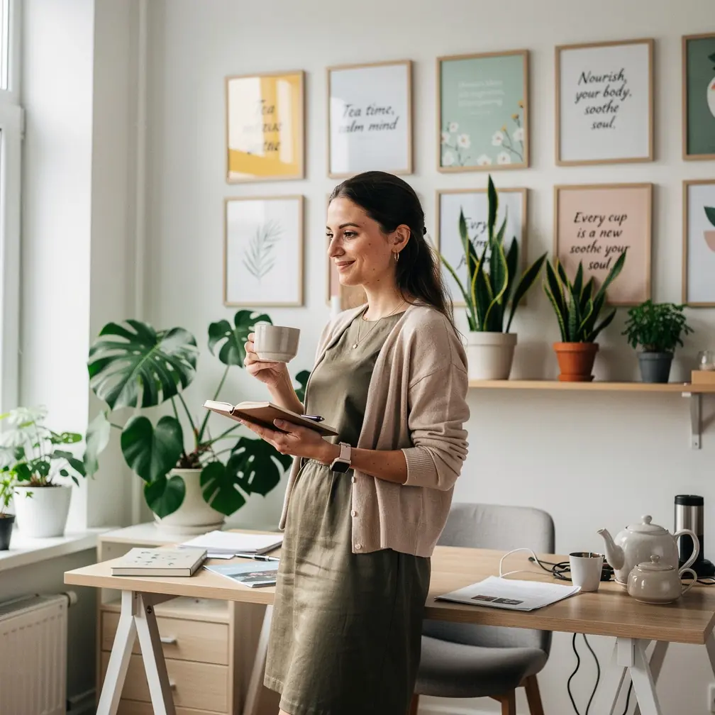 Rytinė arbatos puodelio ritualo scena su natūralia šviesa ir minimalistiniu interjeru.